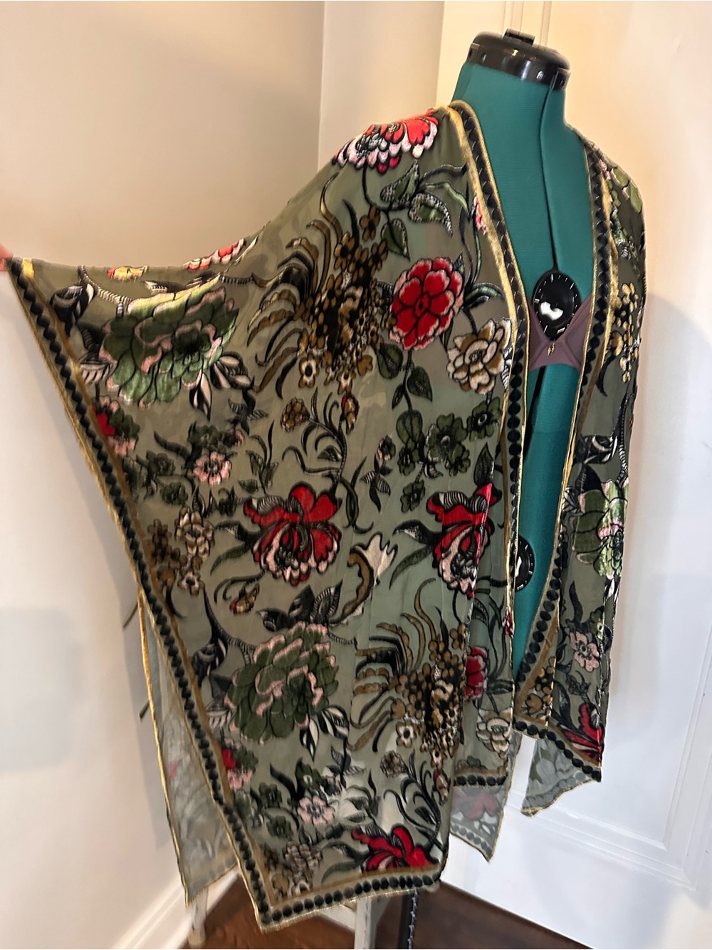 Olive Floral Embroidered Sheer Kimono with Red & Green Accents one size - Picture 4 of 11